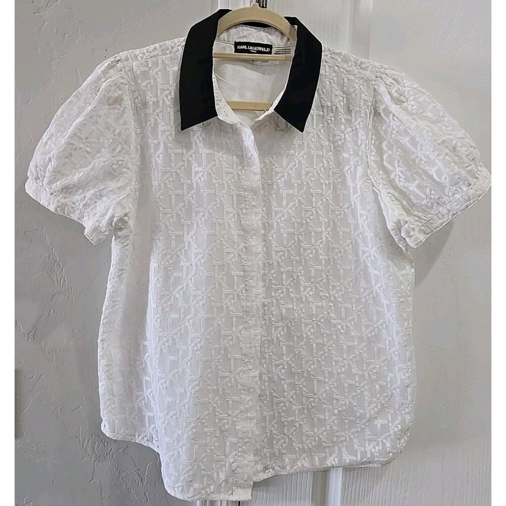 Karl Lagerfeld Women's Contrast Collar White Lace Blouse Ruffle Sleeve Top  L